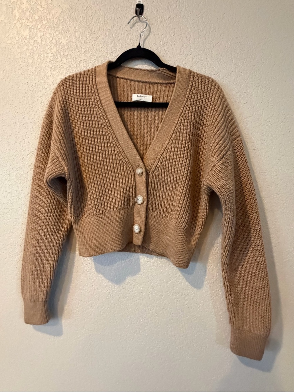 Babaton Tan Ribbed V-Neck Cropped Cardigan